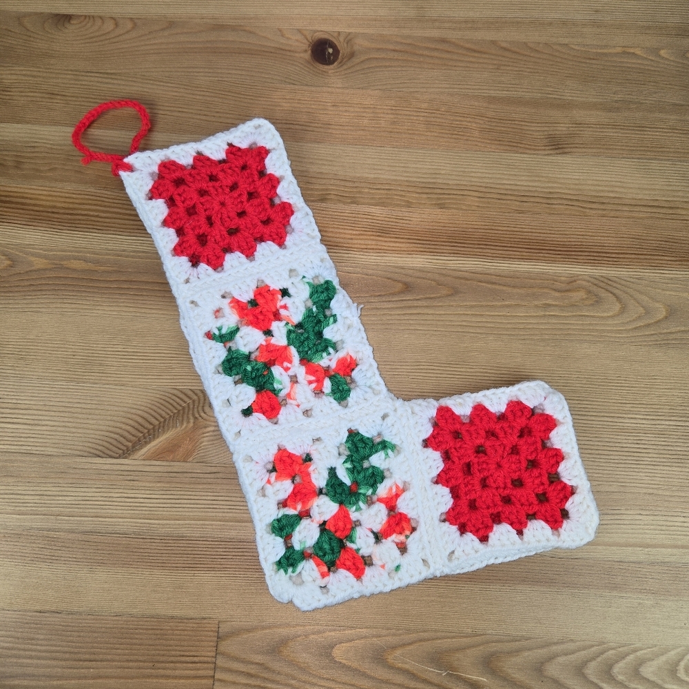 Vtg Hand Crochet Christmas Stocking Granny Square